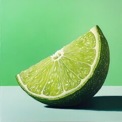 Close up view of a lime wedge with green background and blue surface in a painting style image