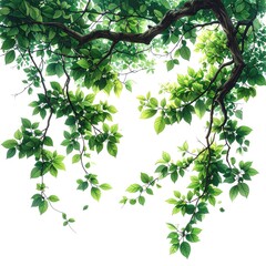 Lush green leaves and branches cascading downward against a white background