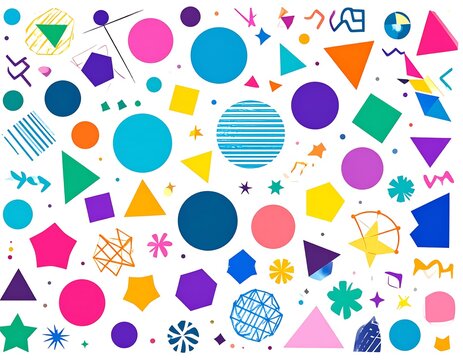 Colorful abstract shapes scattered on white background (1)