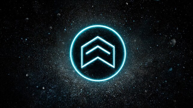 Neon Blue Upward Chevron Symbol in Circle on Starry Cosmic Background