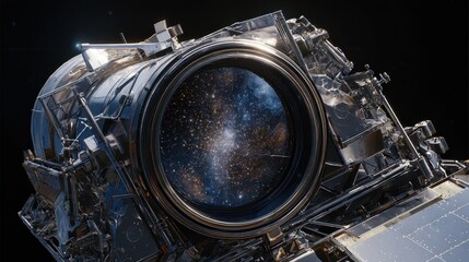 Fototapeta premium Futuristic orbital telescope captures deep space holographic view of cosmos.