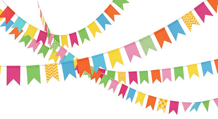 Obraz premium Colorful festive bunting flags strung together isolated on white background