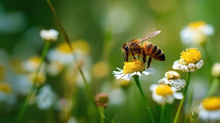 Honeybee Foraging on a White Daisy Flower in a Sunny Meadow