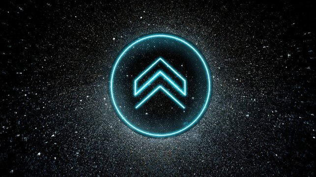 Neon Blue Glowing Upward Chevron Arrow in Circle on Dark Starry Space Background. Futuristic digital technology symbol for growth and progress.