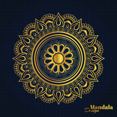Intricate golden mandala design on dark blue background.
