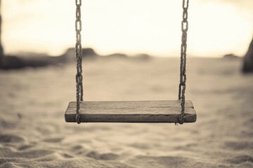 A solitary wooden swing hangs on rope and chain, suspended above a sandy beach at sunset.