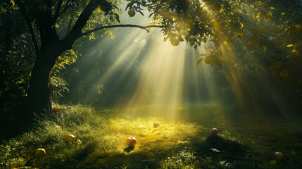 Red apple glowing in golden sunlight beneath forest trees, symbol of Garden of Eden inspiration, spiritual nature background for faith, meditation, organic lifestyle and symbolic concepts.