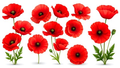 Fototapeta premium Collection of realistic red poppies in various stages of bloom, isolated on white