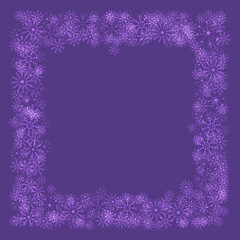 Purple Christmas frame with light snowflakes. Winter holiday border