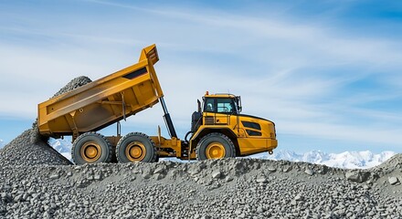 Large yellow articulated dump truck unloading gravel on a construction site under a blue sky