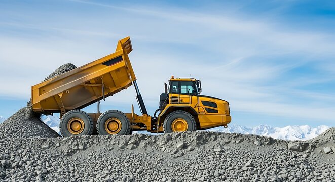 Large yellow articulated dump truck unloading gravel on a construction site under a blue sky