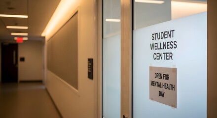 Student Wellness Center door promoting mental health support student university campus health wellbeing support care open day