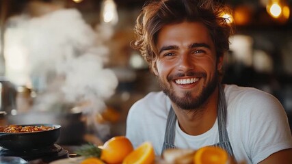Joyful Chef: A smiling chef, basking in the warmth of his kitchen, a moment of culinary passion captured. A visual celebration of gastronomic expertise, a warm invitation to savour life's flavors. 