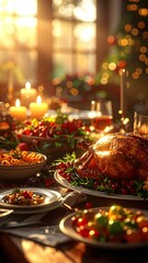 Festive Holiday Table Setting with Roasted Turkey and Glowing Candles in Warm Sunlight