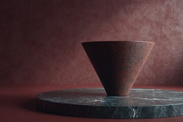 Rustic cone-shaped object on a dark marble platform.