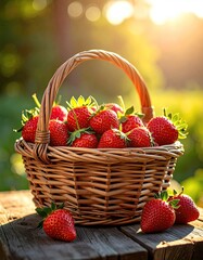 Fresh strawberries in a wicker basket outdoors