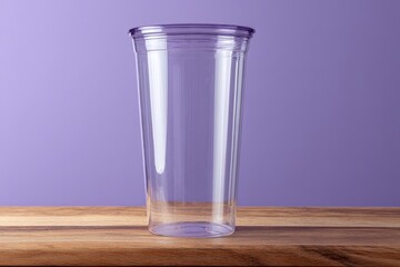 Clear plastic tumbler with lid on a wooden surface.