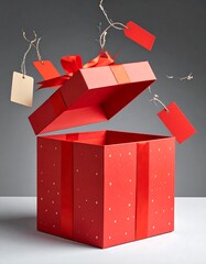 Open Gift Box with Tags Flying Away.