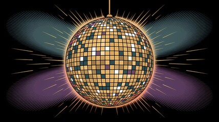 A disco ball with golden and purple light rays on a black background design art