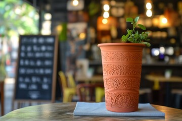 Ornate terracotta planter with herbs on a cafe table.