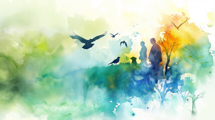 Concept of Day 6 Animals and Humanity, watercolor illustration of two human silhouettes with birds, nature. Symbolic biblical artwork of creation, divine life, genesis story, spirituality, paradise.