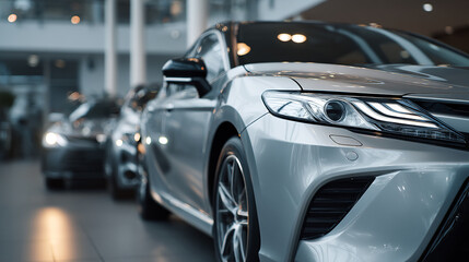Close up of a silver car with bright headlights in a showroom setting display