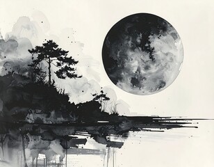 Silhouetted landscape, large moon, abstract water