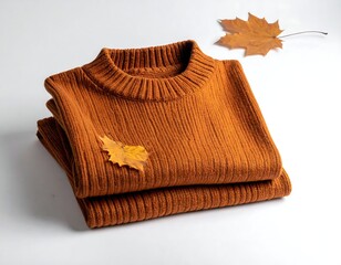 Folded rust-colored ribbed knit sweater atop a white surface, with a golden autumn leaf resting on the fabric