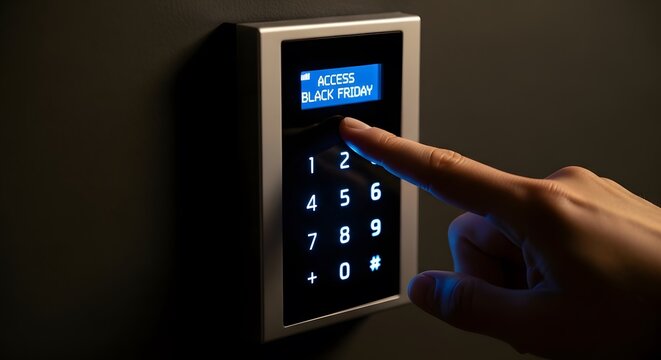 Hand pressing glowing digital keypad for Black Friday access discount sale shopping security technology retail