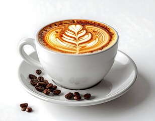 Latte art in a white cup with coffee beans