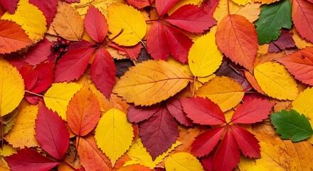 Flat lay texture of colorful fall foliage creating a high-density, warm, seasonal background