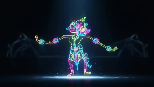 Vibrant Neon Wayang Kulit Puppet Dance Performance in Dark Setting.