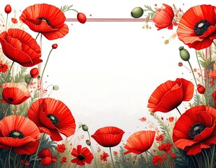 Red poppy flowers frame a blank white space