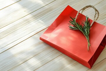 A vibrant red gift bag rests on a light wood surface, adorned with sprigs of fresh rosemary.