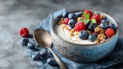 Close-up of a delicious nutritious yogurt bowl topped with fresh vibrant mixed berries granola and honey in a rustic ceramic bowl on a textured gray background