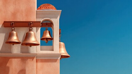 Traditional building with five metal bells hanging from a white arch on a pastel pink wall under a clear blue sky, showcasing classic architectural elements and cultural design