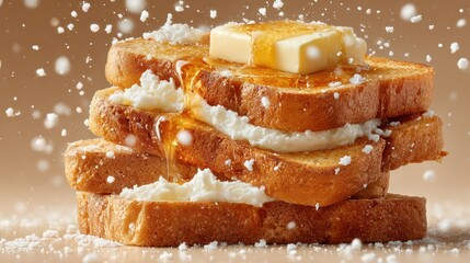 Close-up of crispy golden toast slices topped with melting butter and creamy spread, dusted with powdered sugar, on warm background with scattered sugar particles