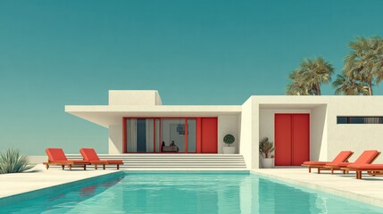 Modern minimalist luxury villa with rectangular shape flat roof large bright interior open outdoor swimming pool sun loungers palm trees clear sky