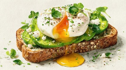 Toasted multigrain bread topped with smashed avocado fresh greens poached egg drizzled with vibrant yellow yolk garnished with herbs for a healthy brunch