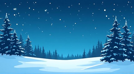 A serene winter night scene unfolds with snow-covered evergreen trees silhouetted against a deep blue starry sky, creating a peaceful, frosty landscape.