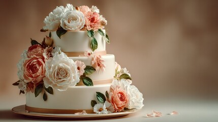 Elegant three-tiered white wedding cake adorned with lush pink and white roses and soft green foliage, perfect for romantic celebrations and special occasions