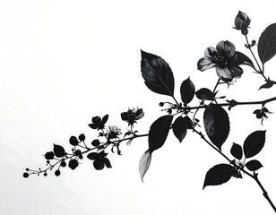 Silhouette of flowering branch against a white background.  