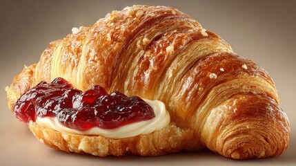 Delicious fresh crispy golden croissant with creamy filling and sweet cherry jam served on a neutral background perfect for breakfast or bakery concept