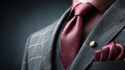 Close-up of a Man's Formal Business Attire featu a Checkered Suit Jacket with a Burgundy Tie and Pocket Square with Elegant Detailing for Professional Occasions