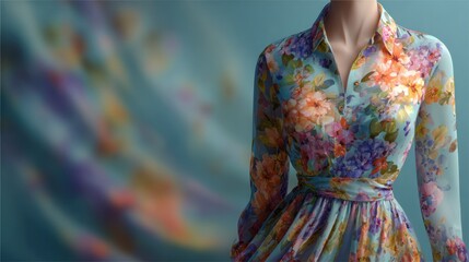 Elegant floral long-sleeve dress with vibrant colorful pattern, fitted waist, collared neckline, in soft focus studio background, fashion apparel concept