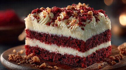 Delicious layered red velvet cake with creamy frosting and crumbs on top, served on a rustic wooden plate with a blurred cozy background, perfect for desserts