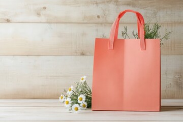 A coral-colored tote bag rests on a light wooden surface, adorned with a bouquet of delicate white daisies.