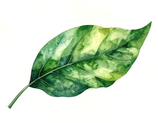 Watercolor illustration of a single leaf.  A vibrant green leaf with streaks of yellow-green highlights, set against a white background.  