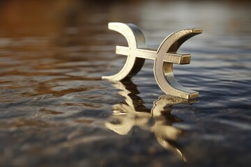 Golden Pisces Symbol Reflection in Calm Water at Sunset