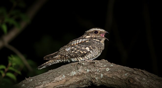 Nightjar bird perched on branch against dark background